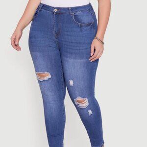 Plus Size High Waisted Distressed Stretchy Skinny Jeans - medium wash